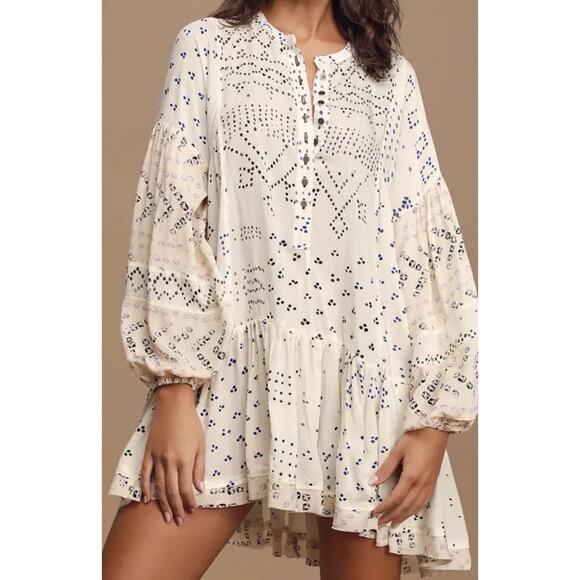 Free People Shibori Tunic Dress Women’s Sz S Long Sleeve Button Front Raw Hem - Picture 2 of 12
